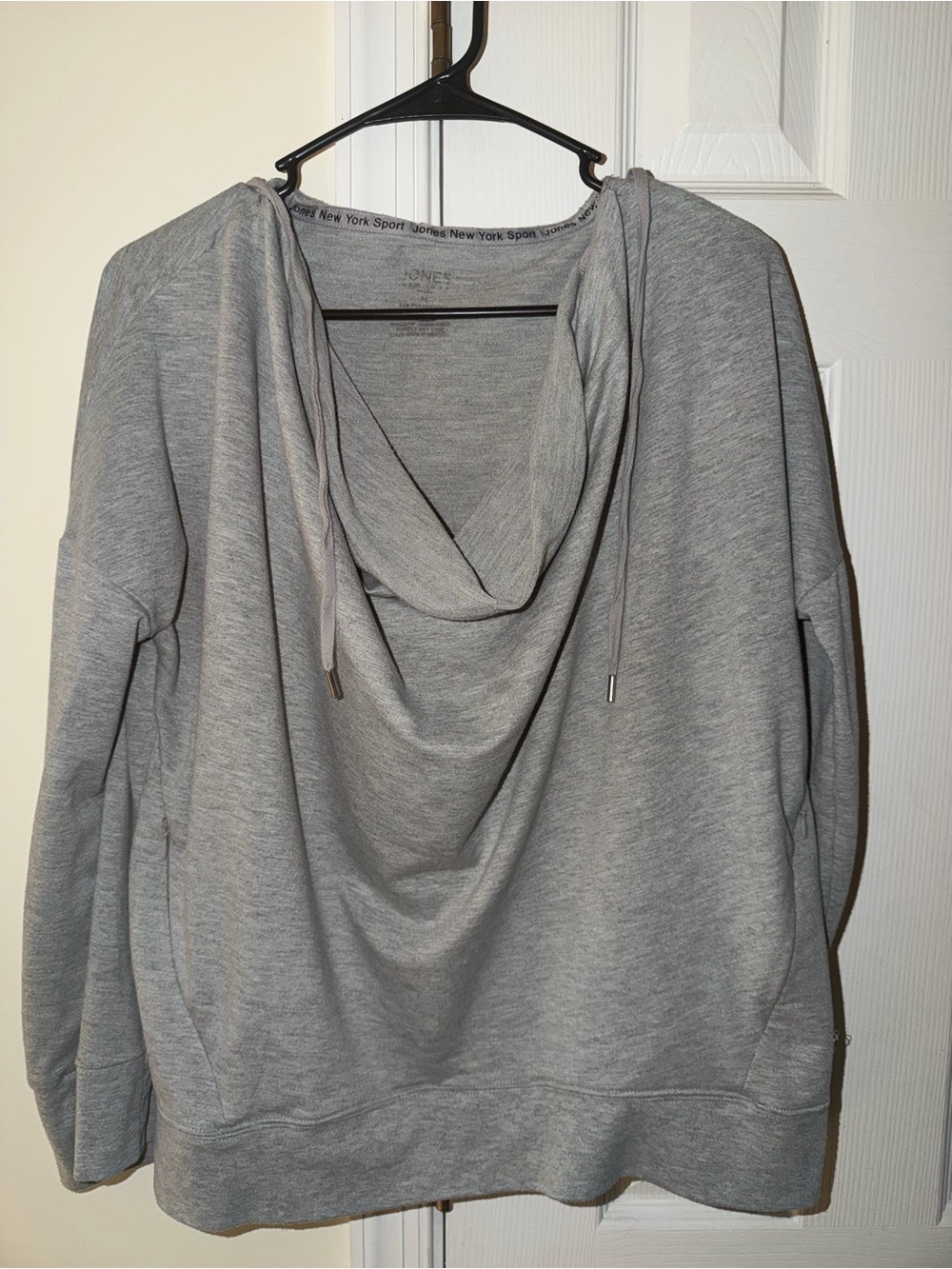 cozy gray Jones New York Sport cowl neck pullover hoodie featuring a soft, drape